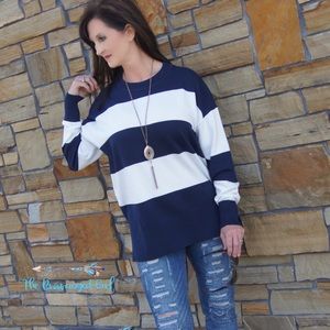 - On The Go Blue And White Color Block Sweater